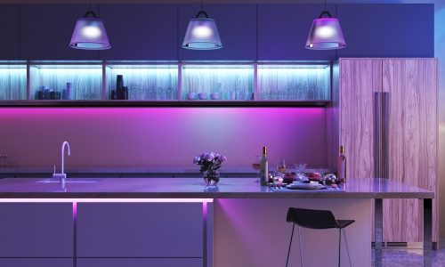 Coloured LED Lights inside a kitchen to create mood lighting for different occasions