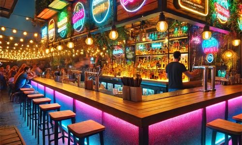 Pink and blue led strips under a long wooden bar counter and hanging festoon lights with a warm white light at an outdoor bar. 