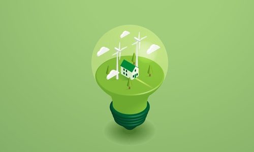 Conceptual graphic of a green light bulb with an idyllic landscape inside, featuring a house, wind turbines, and trees, representing energy efficiency and environmental sustainability.
