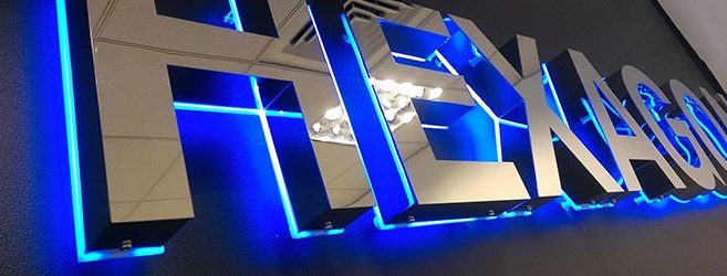 Built up letters signage with mirror effect finish and blue halo LED illumination