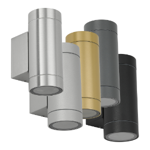 Wall Lights for use with GU10 LED Bulbs shown in 5 colours, Black, Gold, Grey, Silver and Polished aluminiuim