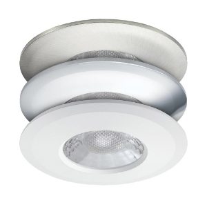 JCC V50 LED Downlight - 7W, Fire Rated, IP65, 3000K/4000K, 3 Bezels, White, Brushed Nickel and Chrome for installation recessed into ceilings in the bathroom, kitchen or hallway