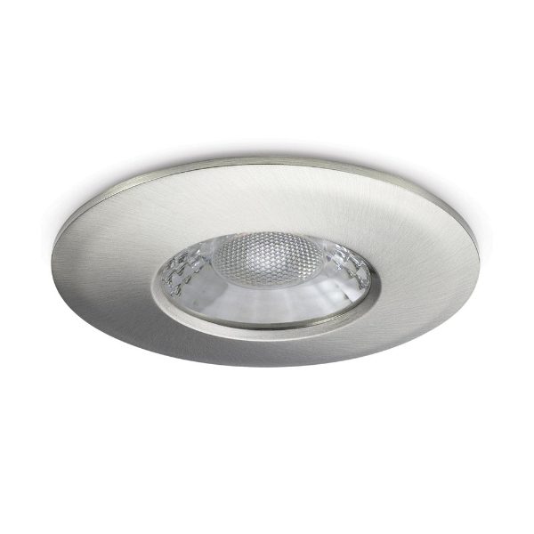 JCC V50 LED Downlight - 7 Watts, Fire Rated, IP65, 3000K and 4000K Colour Switchable, Brushed Nickel Bezel for installation recessed into ceilings in the bathroom, kitchen or hallway